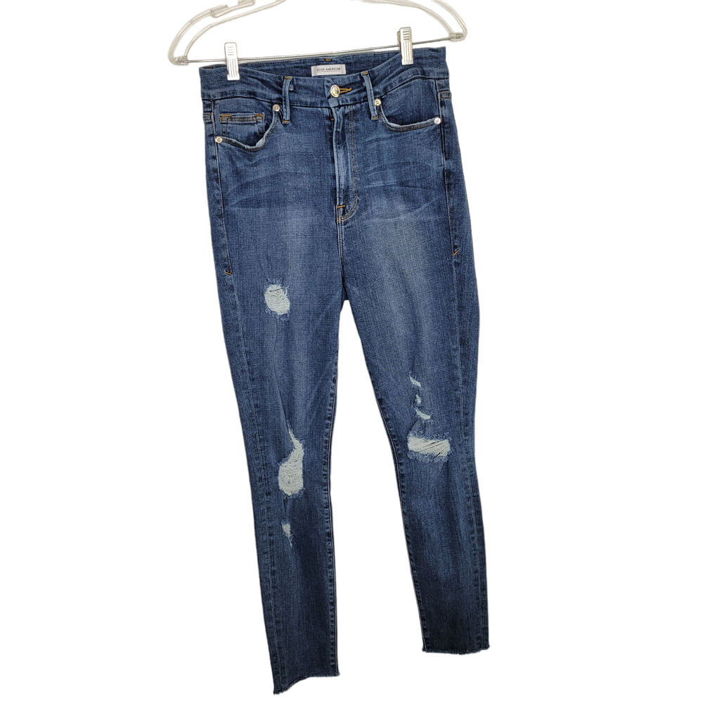 Good American Good Waist Distressed Jeans Skinny Raw Hem Stretch Women 8